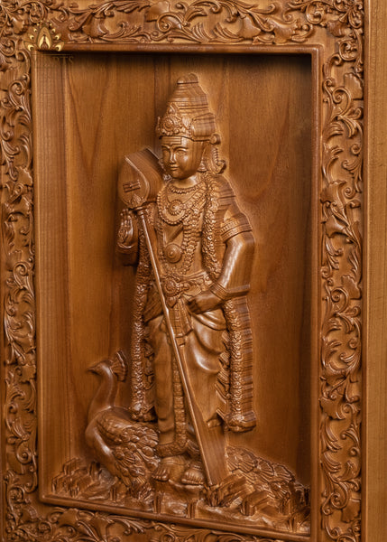 Lord Karthikeya wood carving - Ash wood panel 15" x 11"