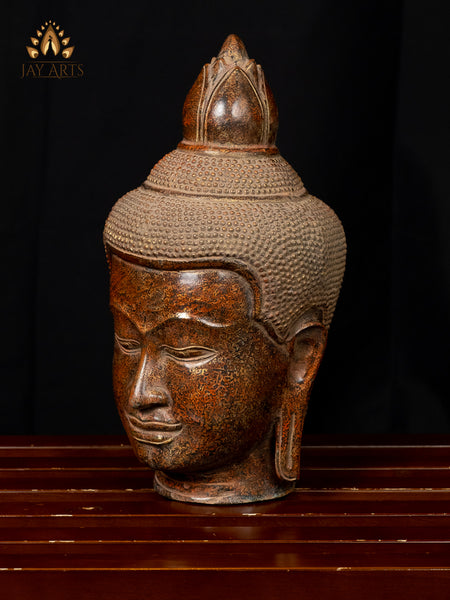 Bronze Buddha Head 12" - Antique Red Khmer Buddha Head - Cambodian Buddha