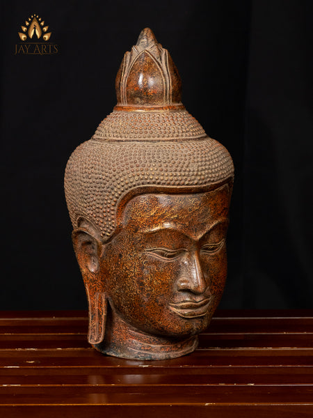 Bronze Buddha Head 12" - Antique Red Khmer Buddha Head - Cambodian Buddha