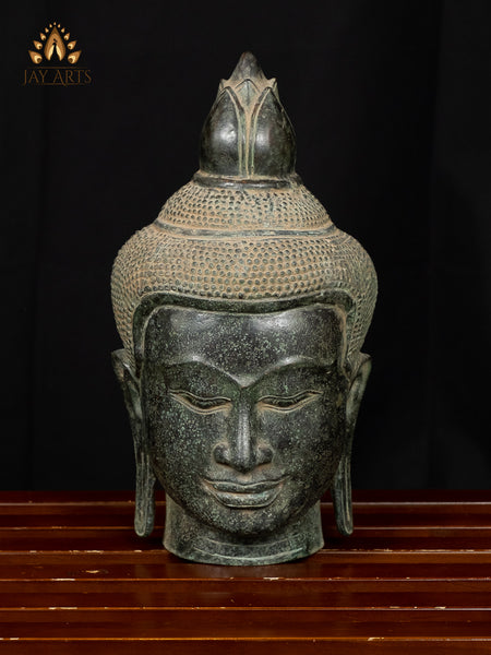 Bronze Buddha Head 12" - Antique Style Khmer Buddha Head - Cambodian Buddha