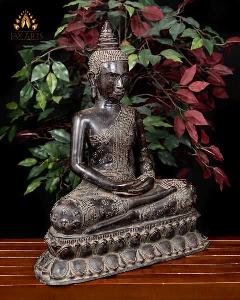 Buddha in Meditation (Dhyana Mudra) 23" - Antique Style Khmer Bronze Buddha Statue