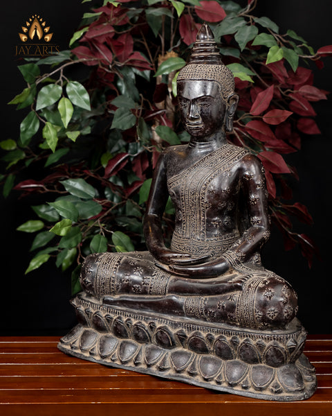 Buddha in Meditation (Dhyana Mudra) 23" - Antique Style Khmer Bronze Buddha Statue