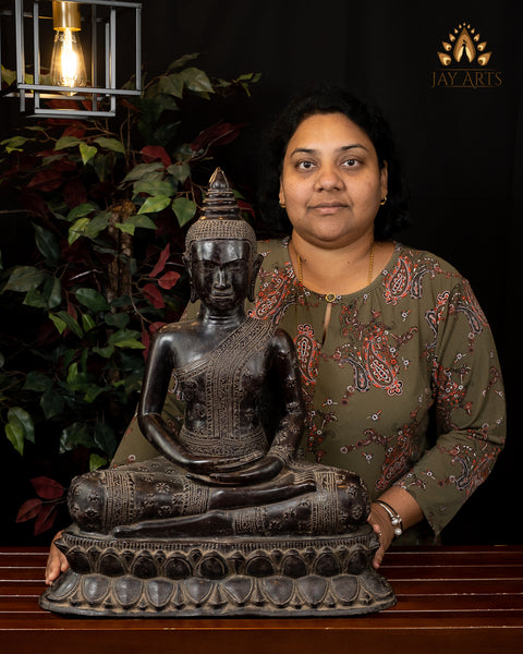 Buddha in Meditation (Dhyana Mudra) 23" - Antique Style Khmer Bronze Buddha Statue