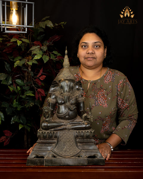 23" Bronze Ganesh seated on a raised pedestal - Antique Khmer Style Cambodian Ganesh Statue