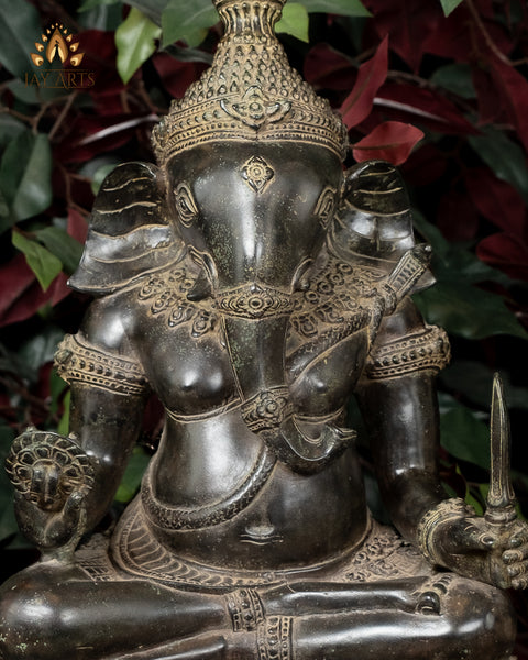 23" Bronze Ganesh seated on a raised pedestal - Antique Khmer Style Cambodian Ganesh Statue