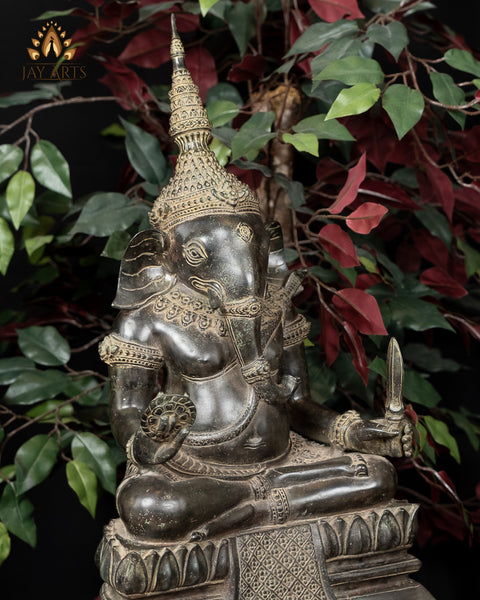 23" Bronze Ganesh seated on a raised pedestal - Antique Khmer Style Cambodian Ganesh Statue