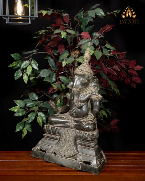 23" Bronze Ganesh seated on a raised pedestal - Antique Khmer Style Cambodian Ganesh Statue