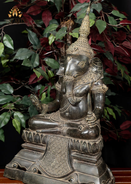 23" Bronze Ganesh seated on a raised pedestal - Antique Khmer Style Cambodian Ganesh Statue