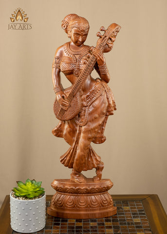 Standing Lady with a Veena 24" Wood Wall Panel - Wall Decor