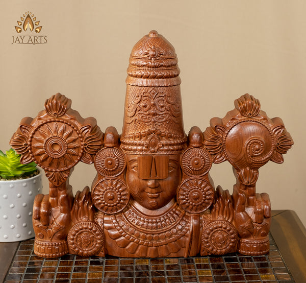 Sri Venkateswara Wood Carving 13" - Ashwood Wall Panel of Balaji Bust