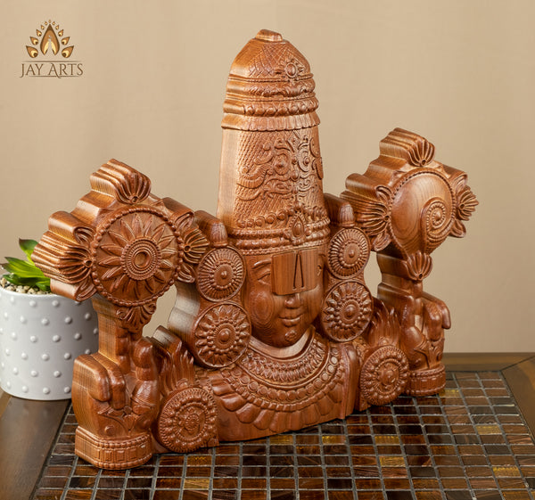 Sri Venkateswara Wood Carving 13" - Ashwood Wall Panel of Balaji Bust