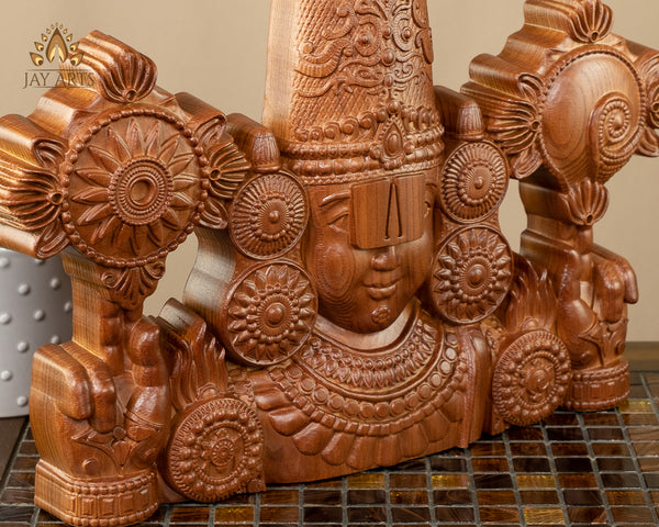 Sri Venkateswara Wood Carving 13" - Ashwood Wall Panel of Balaji Bust