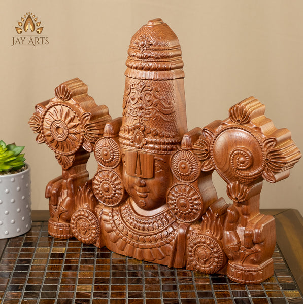 Sri Venkateswara Wood Carving 13" - Ashwood Wall Panel of Balaji Bust