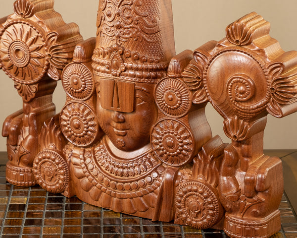 Sri Venkateswara Wood Carving 13" - Ashwood Wall Panel of Balaji Bust