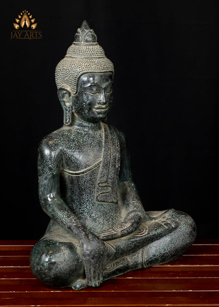 Earth Touching Buddha 17” - Bronze Khmer Buddha Statue in Bhumisparsha Mudra - Earth Witness Cambodian Buddha