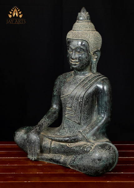 Earth Touching Buddha 17” - Bronze Khmer Buddha Statue in Bhumisparsha Mudra - Earth Witness Cambodian Buddha