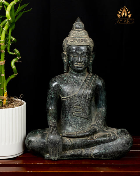 Earth Touching Buddha 17” - Bronze Khmer Buddha Statue in Bhumisparsha Mudra - Earth Witness Cambodian Buddha