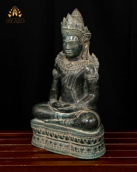 Buddha in Meditation (Dhyana Mudra) 17" - Antique Bayon Style Bronze Buddha Statue