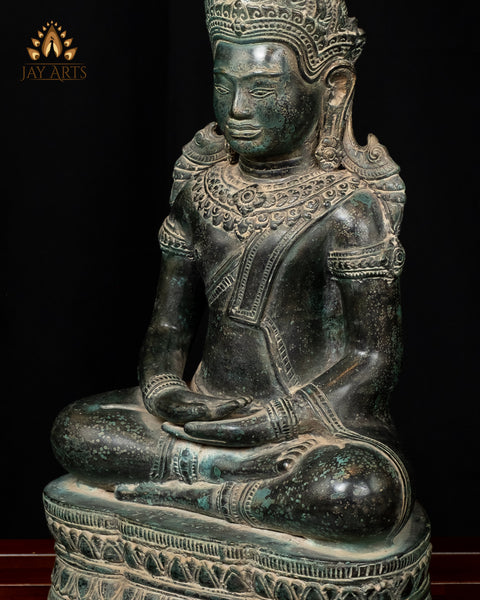 Buddha in Meditation (Dhyana Mudra) 17" - Antique Bayon Style Bronze Buddha Statue