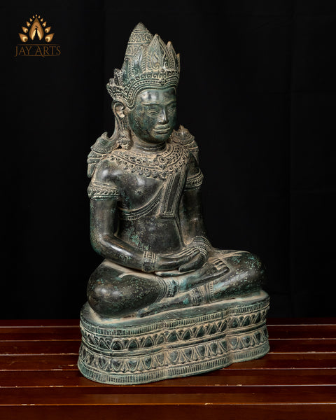 Buddha in Meditation (Dhyana Mudra) 17" - Antique Bayon Style Bronze Buddha Statue