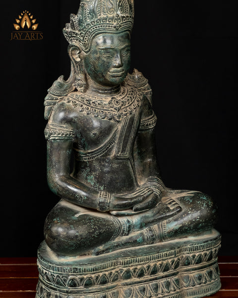 Buddha in Meditation (Dhyana Mudra) 17" - Antique Bayon Style Bronze Buddha Statue