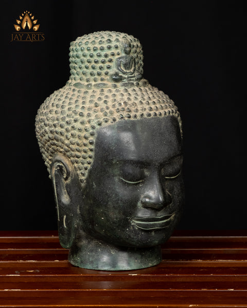 Bronze Buddha Head 9.5" - Khmer Buddha Head with Dhyana Buddha Figurine Atop