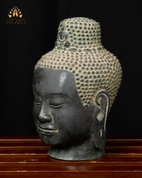 Bronze Buddha Head 9.5" - Khmer Buddha Head with Dhyana Buddha Figurine Atop