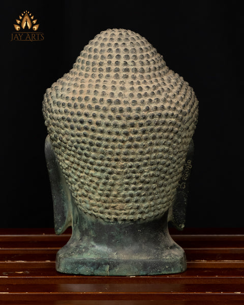 Bronze Buddha Head 9.0" - Khmer Style Cambodian Buddha Head