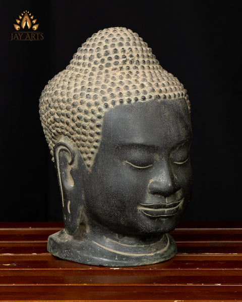Bronze Buddha Head 9.0" - Khmer Style Cambodian Buddha Head