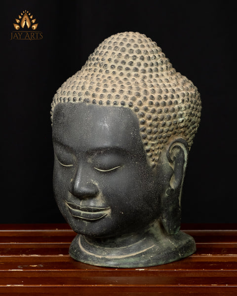 Bronze Buddha Head 9.0" - Khmer Style Cambodian Buddha Head