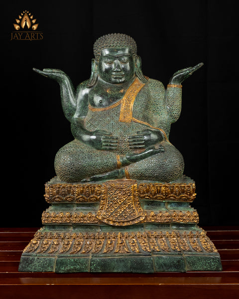17” Bronze Happy Fat Buddha Statue - Cambodian Fat Buddha Statue