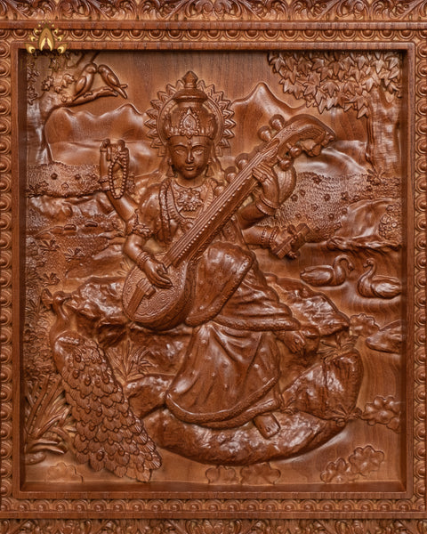 Goddess Saraswathi Ash wood Carving 13" x 11.5" - Hindu Goddess Wood Carving