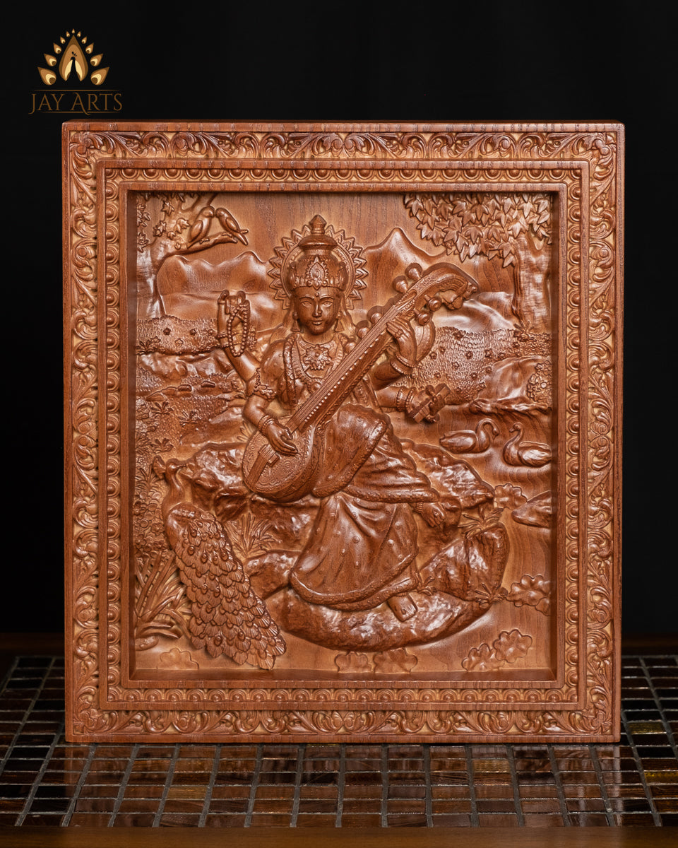 Goddess Saraswathi Ash wood Carving 13" x 11.5" - Hindu Goddess Wood Carving