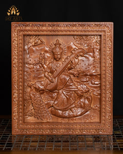 Goddess Saraswathi Ash wood Carving 13" x 11.5" - Hindu Goddess Wood Carving