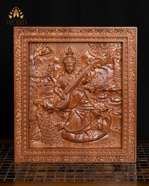 Goddess Saraswathi Ash wood Carving 13" x 11.5" - Hindu Goddess Wood Carving