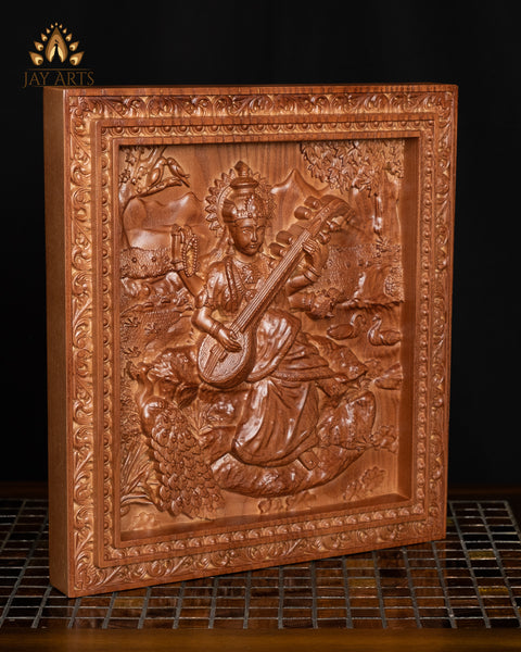 Goddess Saraswathi Ash wood Carving 13" x 11.5" - Hindu Goddess Wood Carving