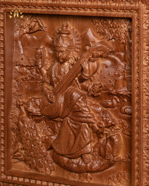 Goddess Saraswathi Ash wood Carving 13" x 11.5" - Hindu Goddess Wood Carving