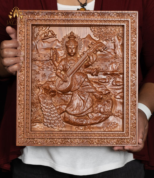 Goddess Saraswathi Ash wood Carving 13" x 11.5" - Hindu Goddess Wood Carving