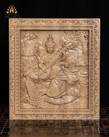 Goddess Saraswathi Ash wood Carving 13" x 11.5" - Hindu Goddess Wood Carving