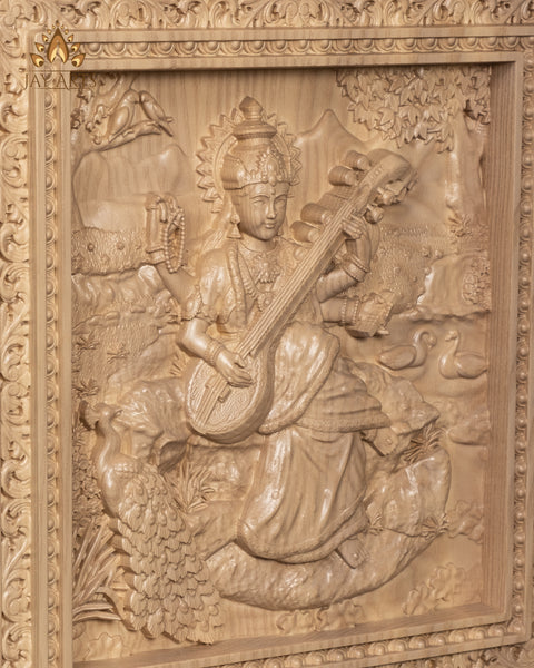 Goddess Saraswathi Ash wood Carving 13" x 11.5" - Hindu Goddess Wood Carving