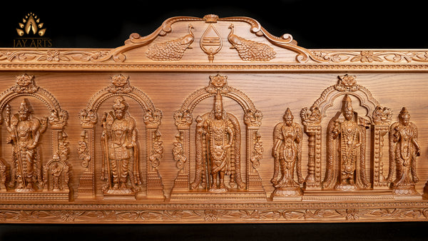 Arupadaiveedu Wood Carving 15" x 54" - The Grand Panel of the Six Abodes of Lord Murugan