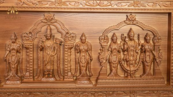 Arupadaiveedu Wood Carving 15" x 54" - The Grand Panel of the Six Abodes of Lord Murugan