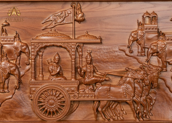 Gita Upadesam Wood Carving 15" x 24" - The scene depicting Lord Krishna's teachings to Arjuna