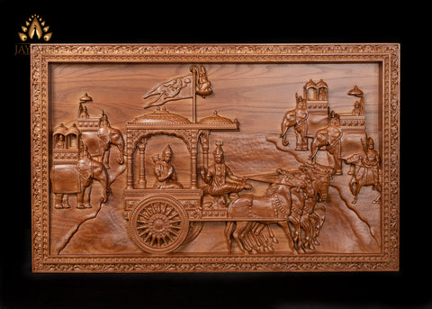 Gita Upadesam Wood Carving 15" x 24" - The scene depicting Lord Krishna's teachings to Arjuna