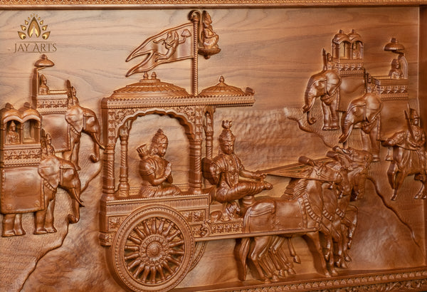Gita Upadesam Wood Carving 15" x 24" - The scene depicting Lord Krishna's teachings to Arjuna