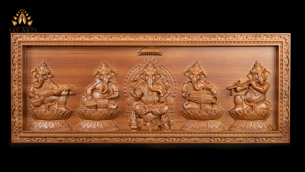 A Wood Carving of Lord Ganesh and The Musical Vignahartas 12" x 30"