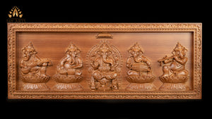 A Wood Carving of Lord Ganesh and The Musical Vignahartas 12" x 30"