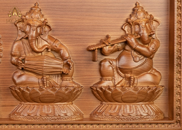 A Wood Carving of Lord Ganesh and The Musical Vignahartas 12" x 30"