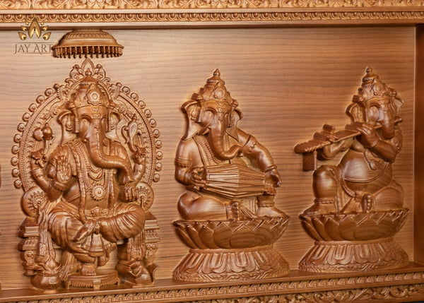 A Wood Carving of Lord Ganesh and The Musical Vignahartas 12" x 30"