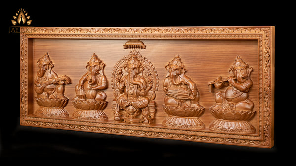 A Wood Carving of Lord Ganesh and The Musical Vignahartas 12" x 30"